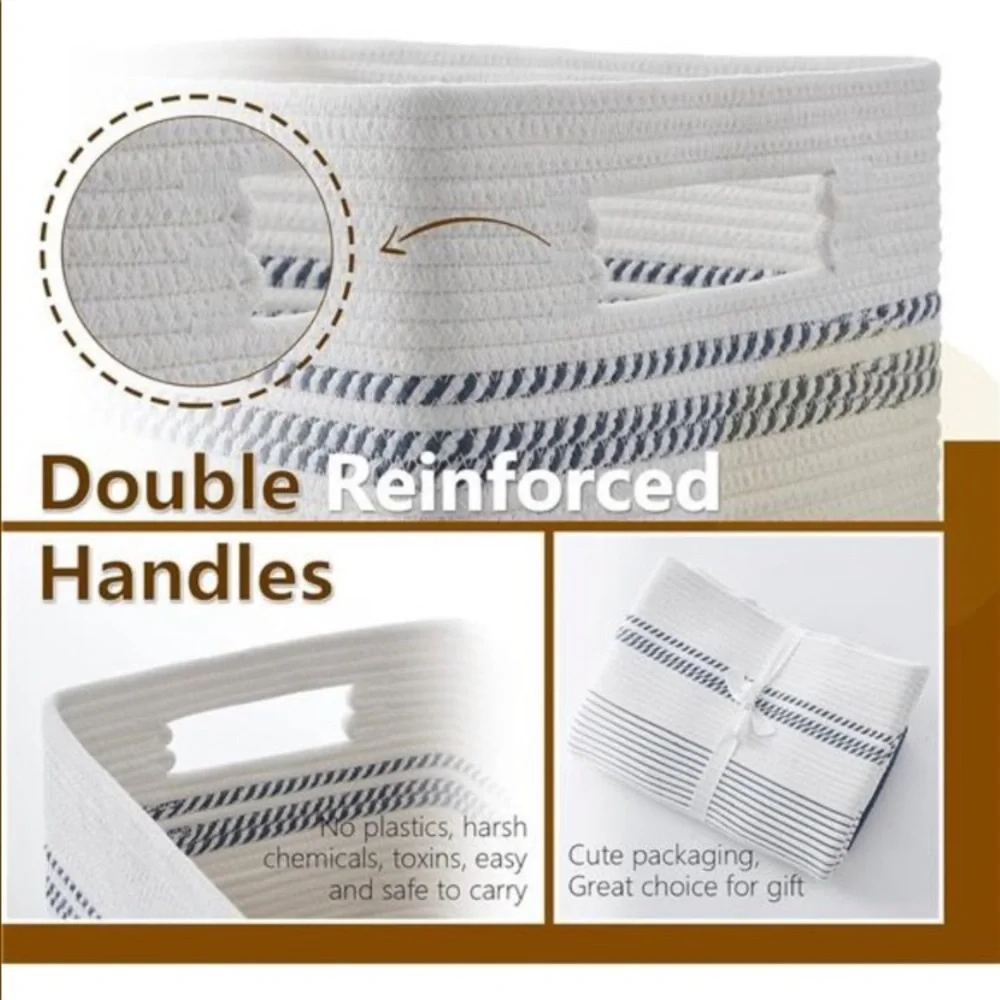 Large Woven Rope Tall Laundry Basket with Handles Dark Blue& White